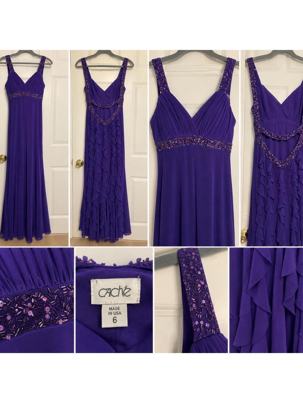 💜 Vintage Caché Purple Beaded Open-Back Gown — Size 6 💜